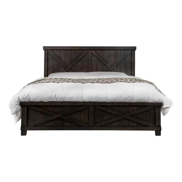 Rustic Dark Walnut 2-Piece King Size Panel Bed and Nightstand Set with X-Shape Accents and Metal Corners