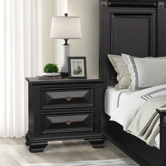 4-Piece Vintage Black Wood Panel Bedroom Set with Distressed Parchment Finish – Traditional Elegance with Silver Accents, Beveled Drawer Fronts, and Brass Rosette Knob Hardware