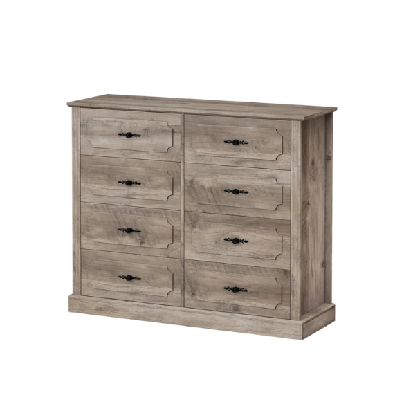 Classic Modern 8-Drawer Double Dresser with Picture Frame Paneling, Decorative Black Metal Handles, and French Country Style