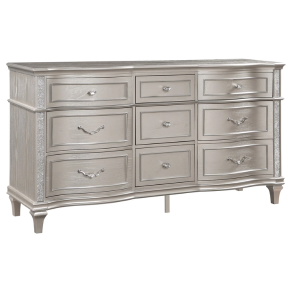 5-Piece Queen Bedroom Set with Silver Oak Finish, LED Lighting, Crystal Accents, and Built-In Storage – Includes Bed, Nightstand, Dresser, Mirror, and Chest