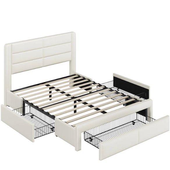 King Size Vegan Leather Metal Platform Storage Bed with 3 Drawers, Tufted Headboard, and Built-In USB Ports – Modern Design for Ultimate Comfort and Convenience