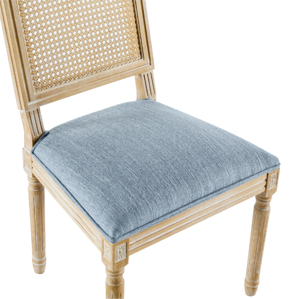 French Country Wood and Cane Upholstered Dining Chairs – Weathered Rubberwood Frame with Fluted Legs & Rectangular Cane Backrest