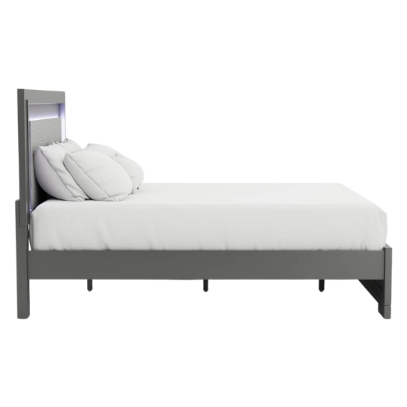 Contemporary 6-Piece Queen Bedroom Set in Solid Grey with LED-Illuminated Headboard, Textured Panels, and Eco-Friendly Rubberwood Construction