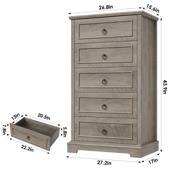 French Country-Inspired 5-Drawer Chest with Metal Ring Handles, Paneled Detailing, and Classic Crown Molding