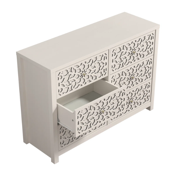 Boho-Inspired 45.4" 6-Drawer Dresser with Distressed Finish and Openwork Floral Details