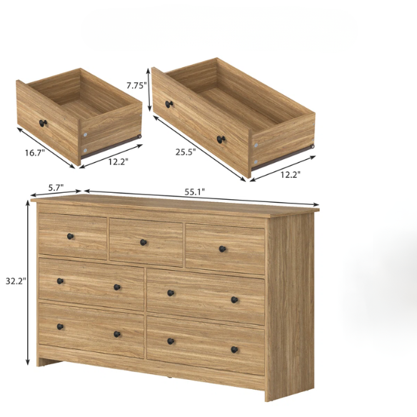 Classic & Modern 7-Drawer Dresser with Matte Wood Finish and Elegant Metal Knobs