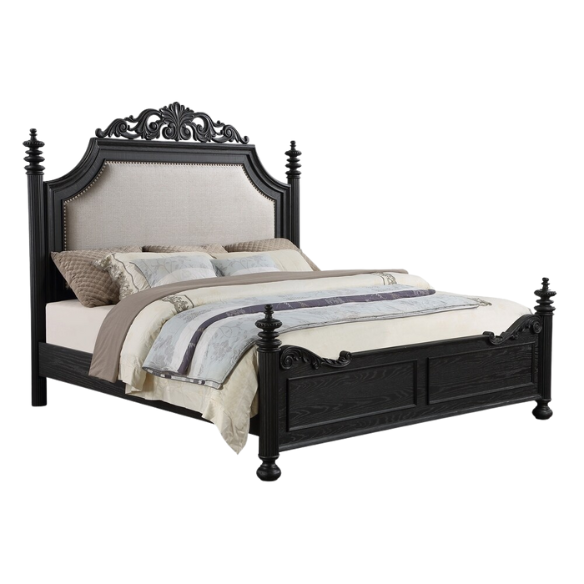 3-Piece Black Modern Contemporary Solid Wood & Veneers Fabric Upholstered Bedroom Set – Sleek, Sturdy Design with Luxurious Comfort