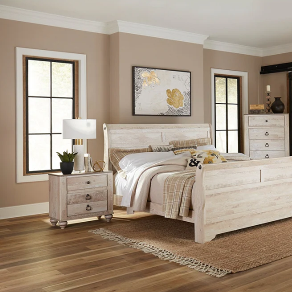 Charming 6-Piece White Wash Finish Bedroom Set with Sleigh Bed, Dresser, Mirror, Nightstands, and Chest – Antique Bronze Accents and Rustic Elegance