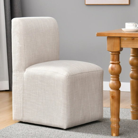 Neutral Beige Linen Upholstered Rolling Dining Chair with Casters – Comfortable Accent Seating