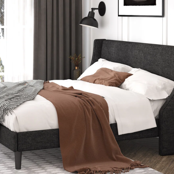 Luxurious King Size Upholstered Platform Bed with Deluxe Wingback Headboard – Soft Velvet and Linen Blend Upholstery, Sturdy Solid Wood Frame, and Modern Minimalist Design for Ultimate Comfort