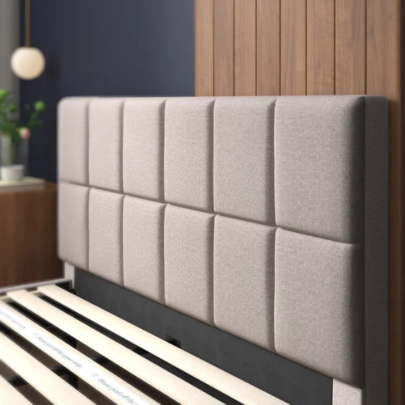 Modern King Size Upholstered Low Profile Platform Bed – Square-Tufted Headboard, Durable Steel Frame