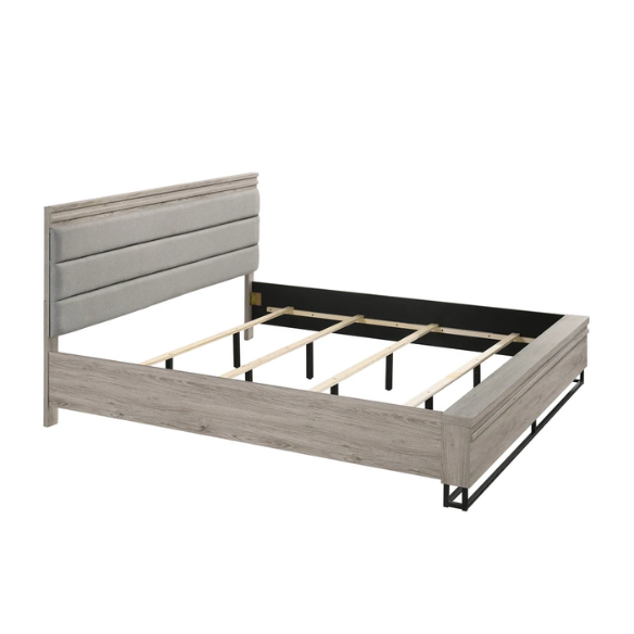 Upholstered Wood Wallbed Set with White LED Lights, Dresser, Mirror, Chest, and 2 Nightstands in Weathered Gray