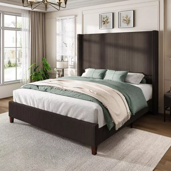 Queen Size Upholstered Wingback Platform Bed in Ribbed Corduroy Fabric