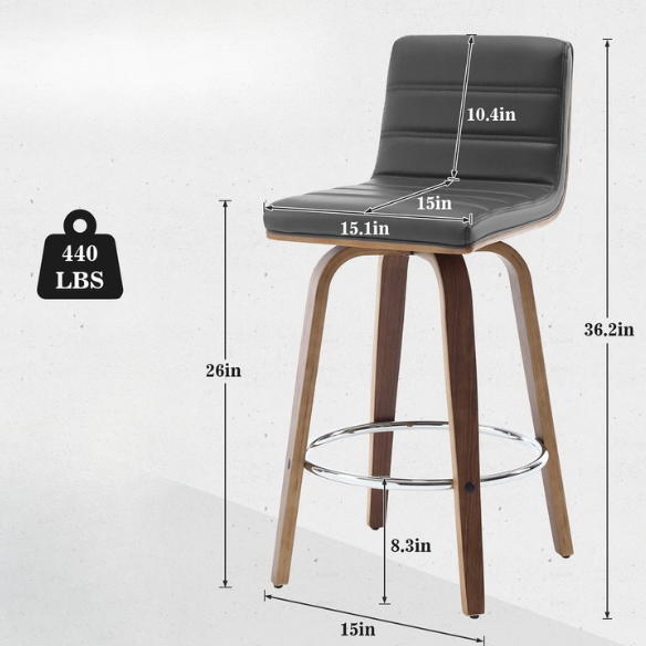 Mid-Century Modern Faux Leather Swivel Counter/Bar Stools – 360° Swivel, Padded PU Leather Seat & Back, Durable Bentwood Legs, Metal Footrest, Supports Up to 440lbs for Home Bar or Kitchen