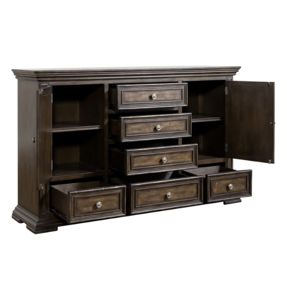 4-Piece Panel Bed, Dresser, Mirror & Nightstand Set with Antique Pewter Accents and Charging Station – Distressed Whitestone Finish, Rubberwood Solids, and Architectural Det