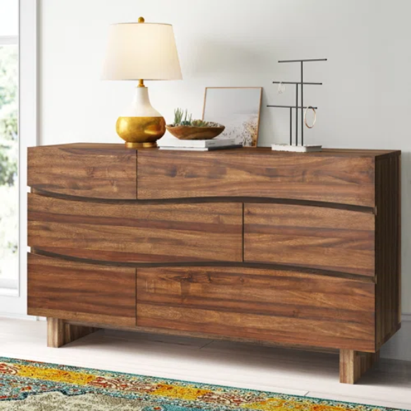 Boho-Inspired Configurable Bedroom Set with Bold Design, Solid Wood Construction, and Wavy Accents - Includes Platform Bed, Nightstand, and 6-Drawer Dresser in Rich Brown Finish