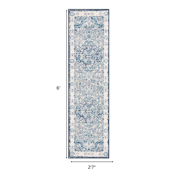 Distressed Oriental-Inspired Indoor Rug – Blue and White Medallion Pattern, Stain-Resistant, Fade-Resistant, Perfect for Traditional & French Country Décor