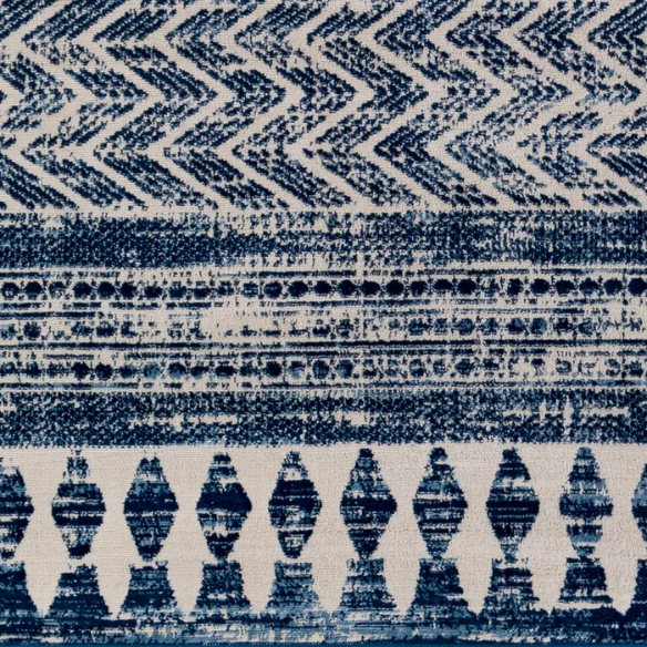 Southwestern-Inspired Geometric Rug – Navy Blue Diamond, Chevron & Dot Patterns on Off-White, Stain-Resistant, Perfect for High-Traffic Areas