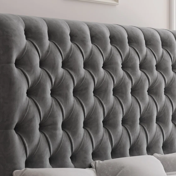 Luxurious Velvet Upholstered Sleigh Bed with Tufted Button and Gem-Accented Headboard