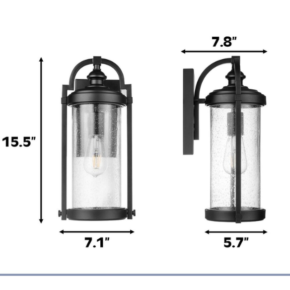 Outdoor Wall Sconce – Light Matte Black Farmhouse Lantern with Seeded Glass for Front Porch or Patio