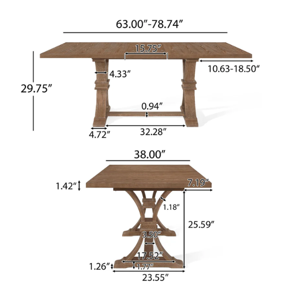 Rustic Wood Expandable Dining Table with X-Frame Base – Rubberwood Top, Extension Leaf, and Natural Rustic Design
