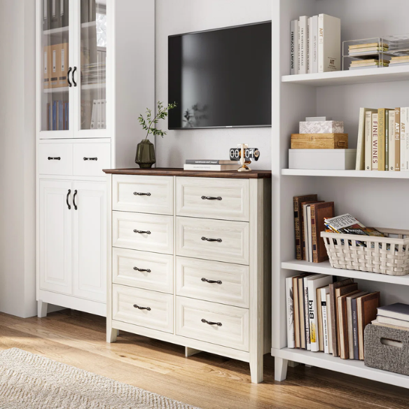 French Country-Inspired 8-Drawer 47.3" Double Dresser with Rustic Finish, Crown Molding, and Tapered Legs