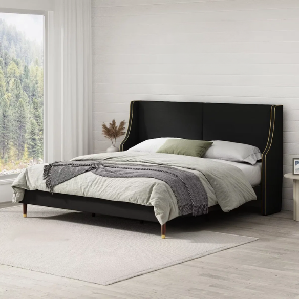 Elegant Linen Wingback Upholstered Platform Bed Frame – Luxurious Full Double Size Design with Gold Piping, Sturdy Support, and Effortless Assembly