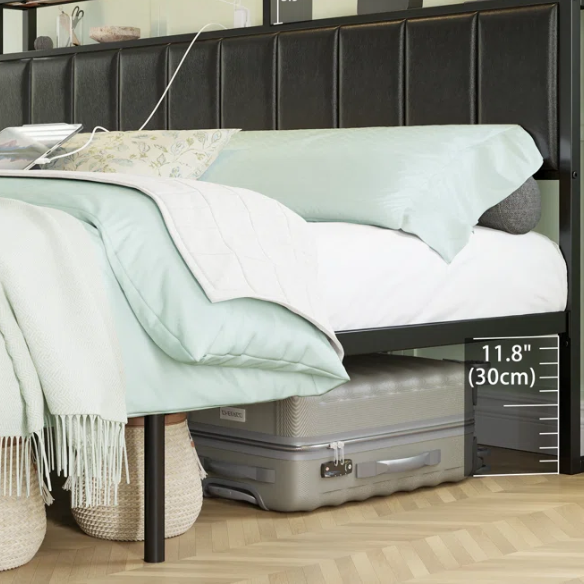 Modern LED King Size Bed Frame with Storage Drawers and Built-in Charging Station