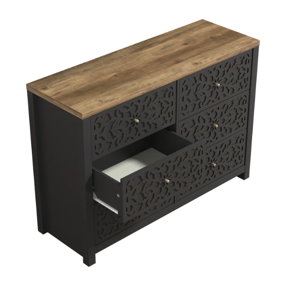 Boho-Inspired 45.4" 6-Drawer Dresser with Distressed Finish and Openwork Floral Details