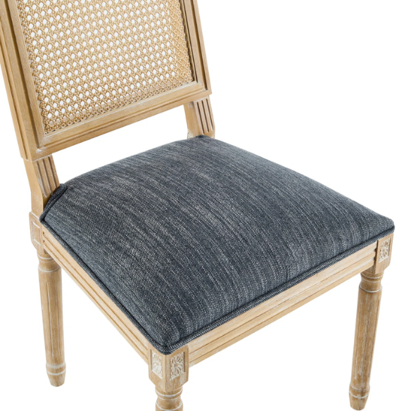 French Country Wood and Cane Upholstered Dining Chairs – Weathered Rubberwood Frame with Fluted Legs & Rectangular Cane Backrest