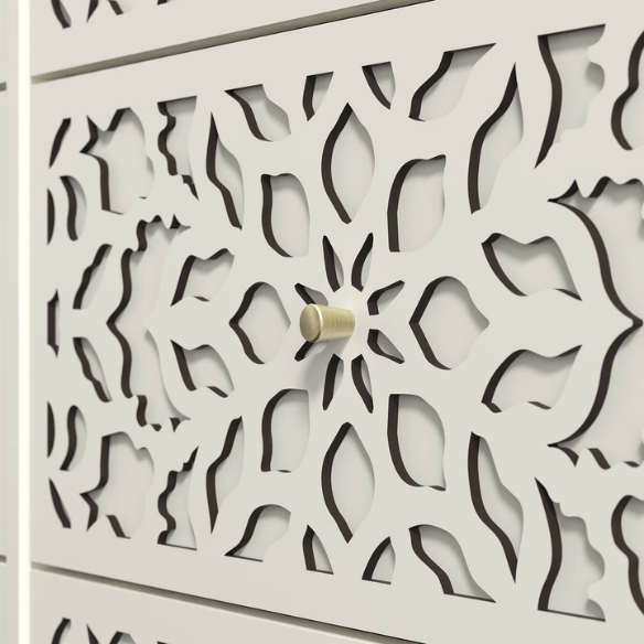Boho-Inspired 45.4" 6-Drawer Dresser with Distressed Finish and Openwork Floral Details