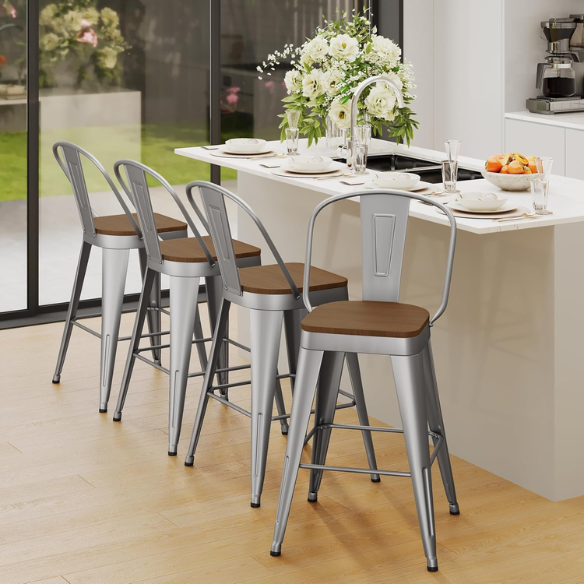 Set of 4 Farmhouse Counter Height Bar Stools – Rustic Industrial Style with Removable Backrest, Heavy-Duty Steel Frame, and Scratch-Resistant Finish