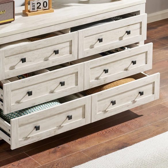6-Drawer Dresser – A Perfect Blend of Rustic Charm and Industrial Elegance, Featuring a Clean-Lined Silhouette and Weathered Finish. Crafted from Solid and Engineered Wood