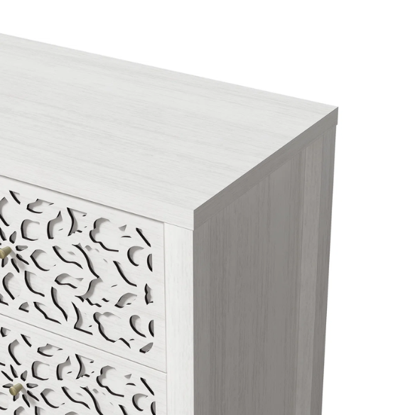 Boho-Inspired 45.4" 6-Drawer Dresser with Distressed Finish and Openwork Floral Details