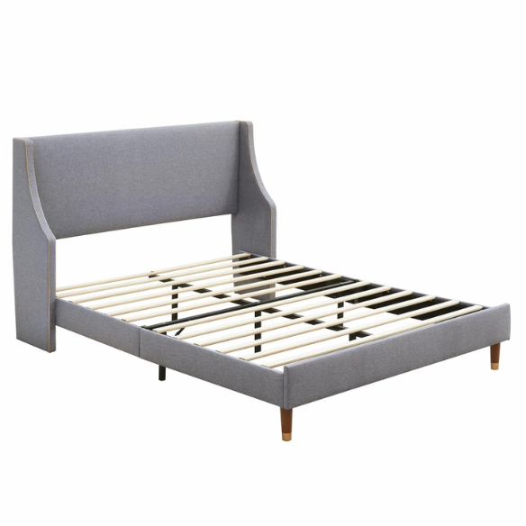 Elegant Linen Wingback Upholstered Platform Bed Frame – Luxurious Full Double Size Design with Gold Piping, Sturdy Support, and Effortless Assembly