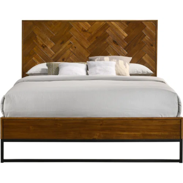 Industrial Mid-Century Modern Platform Bedroom Set with Herringbone Design Headboard – Stylish and Versatile