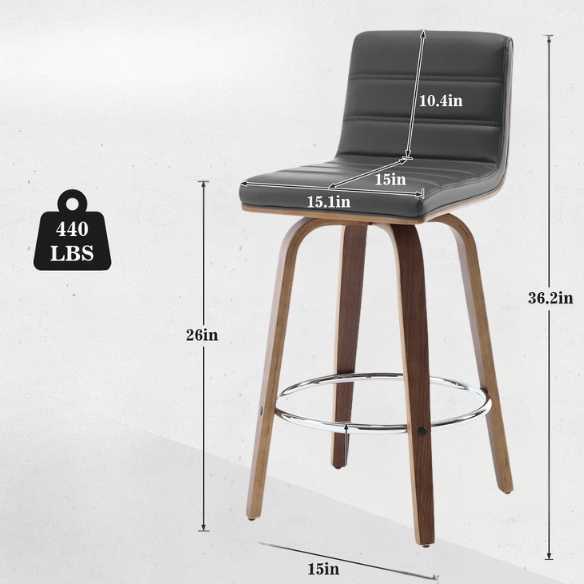 Mid-Century Modern Faux Leather Swivel Counter/Bar Stools – 360° Swivel, Padded PU Leather Seat & Back, Durable Bentwood Legs, Metal Footrest, Supports Up to 440lbs for Home Bar or Kitchen