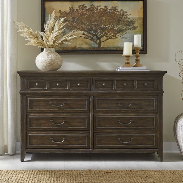 Rustic Elegance 3-Piece King Panel Bed, Dresser & Mirror Set in Saddle Brown – Crafted with Rubberwood and Split Heart White Oak Veneers, Soft-Close Drawers, Cedar Lining, Antique Pewter Hardware, and Crown Molding Details