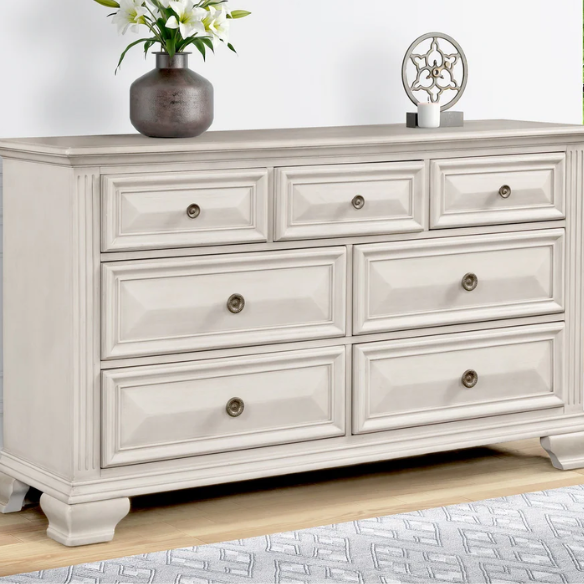 Distressed Parchment Wood Bedroom Set with Panel Bed, Dresser, Mirror, and Nightstand, Featuring Silver Accents and Fluted Pilasters