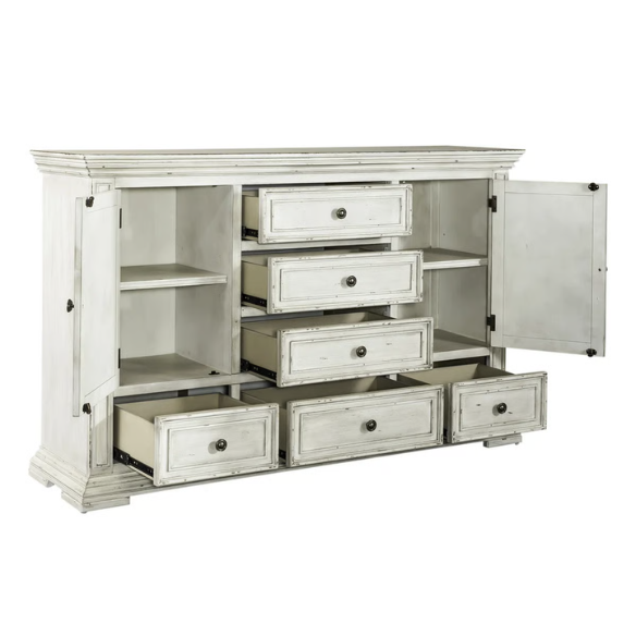 4-Piece Panel Bed, Dresser, Mirror & Nightstand Set with Antique Pewter Accents and Charging Station – Distressed Whitestone Finish, Rubberwood Solids, and Architectural Det