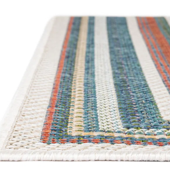 Coastal-Inspired Geometric Rug – Fade & Stain-Resistant, Green & Orange Pattern, Ideal for Indoor/Outdoor Use