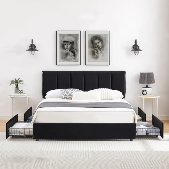 Velvet Upholstered Queen Size Platform Bed with Adjustable Headboard and 4 Storage Drawers