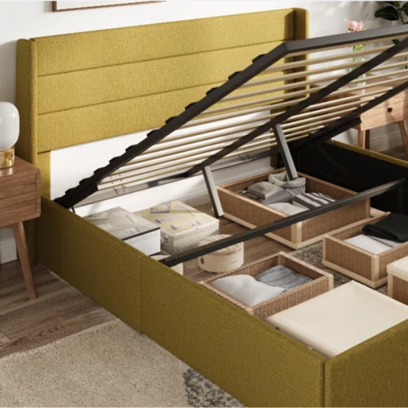 Modern King Size Upholstered Platform Bed with Hydraulic Lift Storage – Sleek Grooved Headboard, Space-Saving Design, and No Box Spring Needed