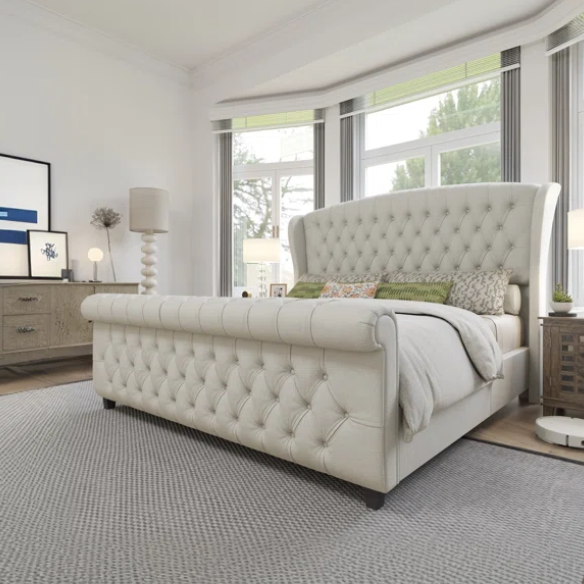 Luxurious Queen Size Upholstered Sleigh Bed with Button Tufting and Rich Chenille Fabric