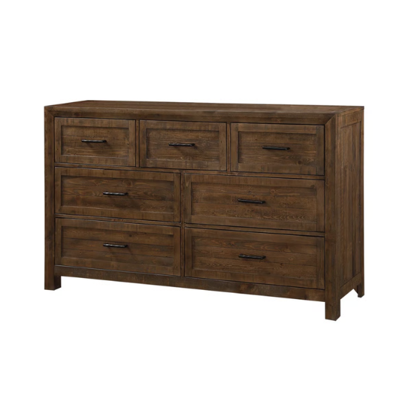 Rugged and Weathered 5-Piece King Bedroom Set – Solid Pine Wood Frame with Dark Brown Finish, Ball-Bearing Glide Drawers, Weathered Steel Hardware, and Ample Storage