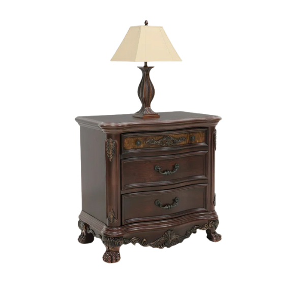 4-Piece Configurable Bedroom Set with Solid Cherry Wood Construction, Antique Walnut Veneer, Crown Molding, Carved Claw Feet, and Ample Storage - Includes Bed, Dresser, Nightstand, and Matching Mirror