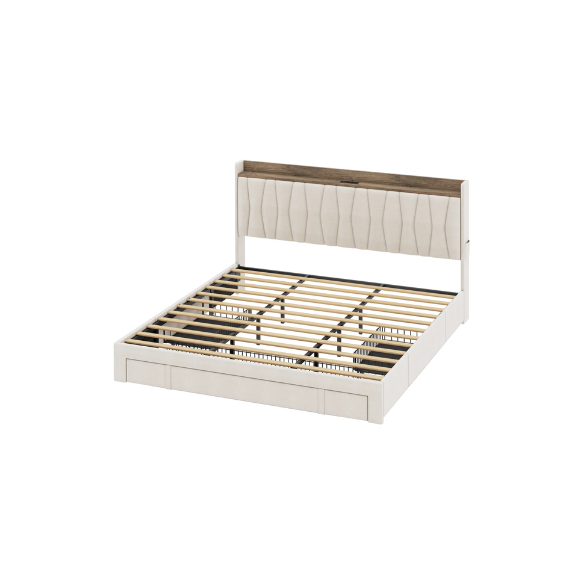 Modern Upholstered King Size Bed Frame with 3 Storage Drawers, Soft Foam Headboard, and Built-in Charging Station