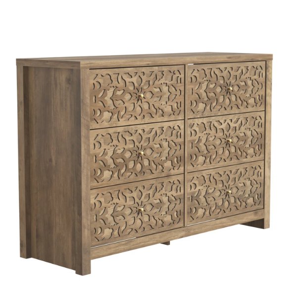 Boho-Inspired 45.4" 6-Drawer Dresser with Distressed Finish and Openwork Floral Details