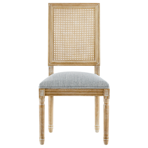 French Country Wood and Cane Upholstered Dining Chairs – Weathered Rubberwood Frame with Fluted Legs & Rectangular Cane Backrest