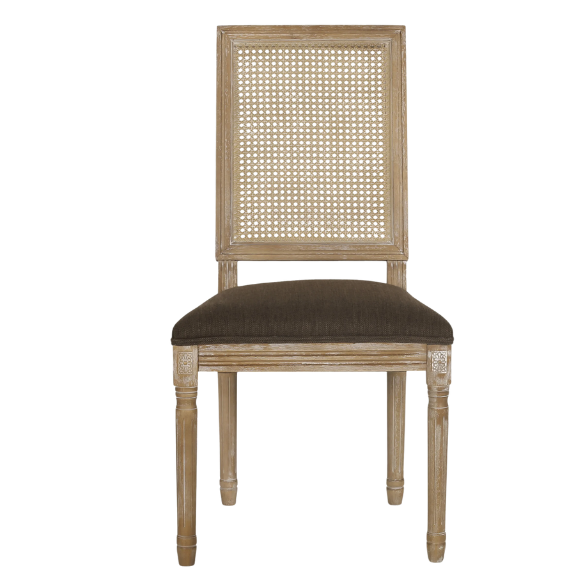 French Country Wood and Cane Upholstered Dining Chairs – Weathered Rubberwood Frame with Fluted Legs & Rectangular Cane Backrest